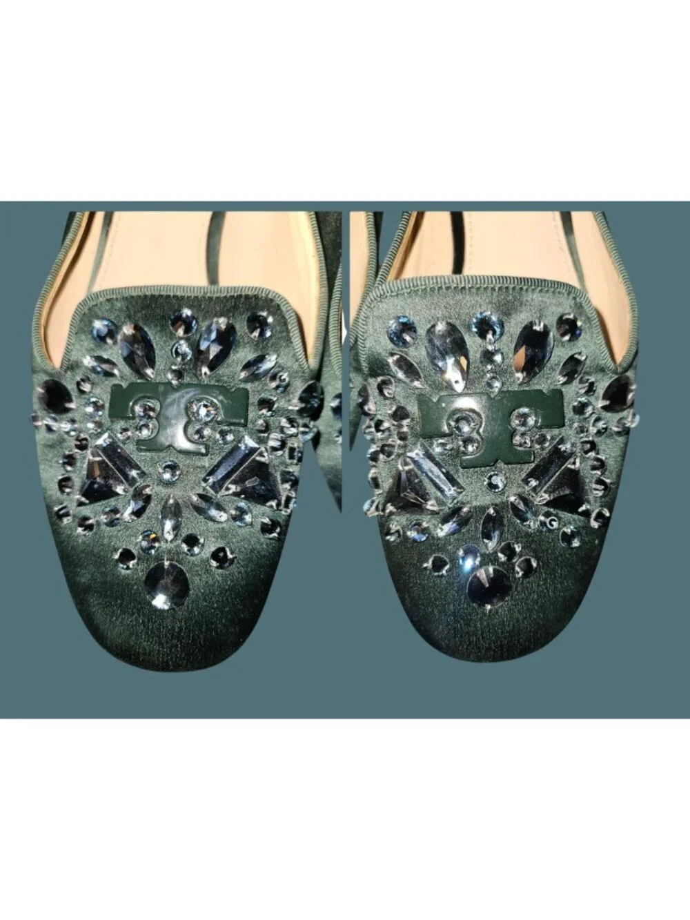 Tory Burch Green Satin Delphine T Logo Embellished Ballet Flats Size 8M